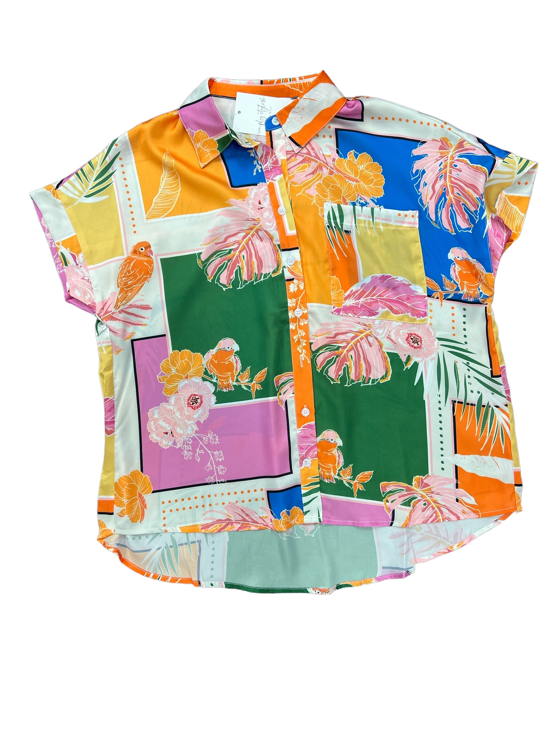 Tropical Satin Button Up Top-130 Dressy Tops & Blouses-karlie-Simply Stylish Boutique | Women’s & Kid’s Fashion | Paducah, KY