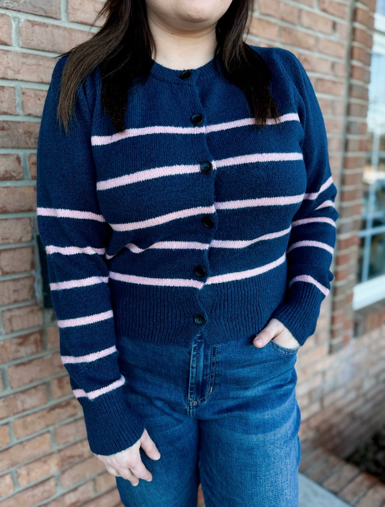 Navy & Pink Striped Cardigan-140 Sweaters, Cardigans & Sweatshirts-Simply Stylish Boutique-Simply Stylish Boutique | Women’s & Kid’s Fashion | Paducah, KY