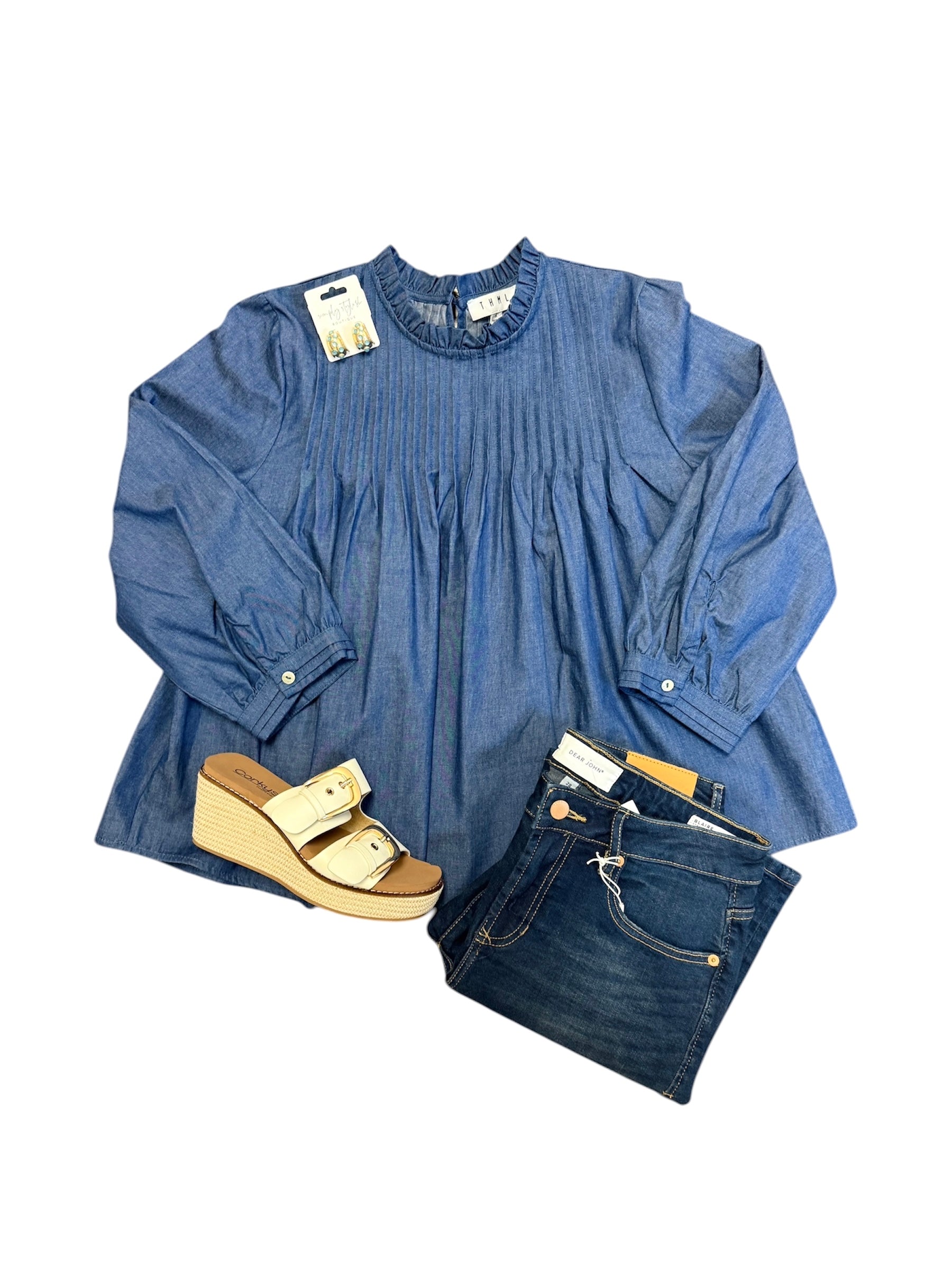 Everly Flow Denim Top-130 Dressy Tops & Blouses-Simply Stylish Boutique-Simply Stylish Boutique | Women’s & Kid’s Fashion | Paducah, KY
