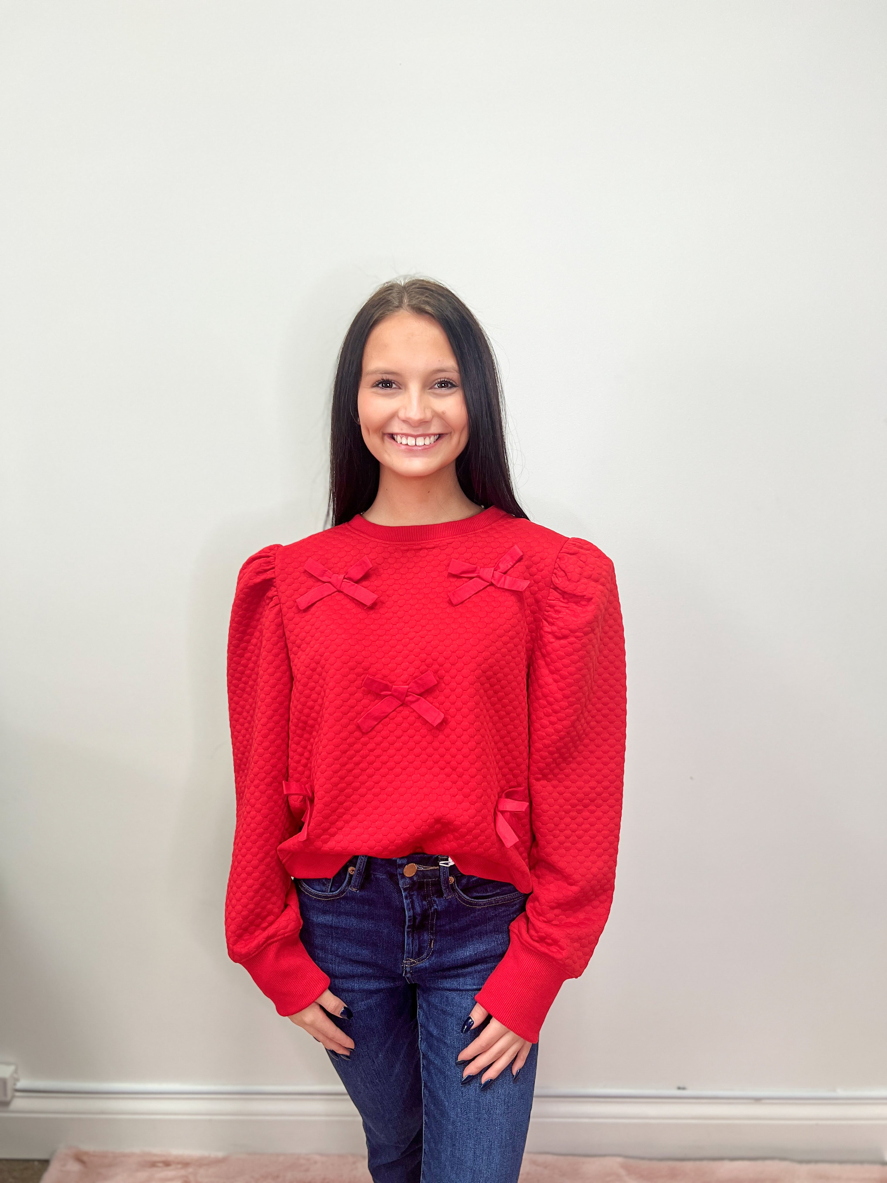 Red Ribbon Pullover-130 Dressy Tops & Blouses-Simply Stylish Boutique-Simply Stylish Boutique | Women’s & Kid’s Fashion | Paducah, KY