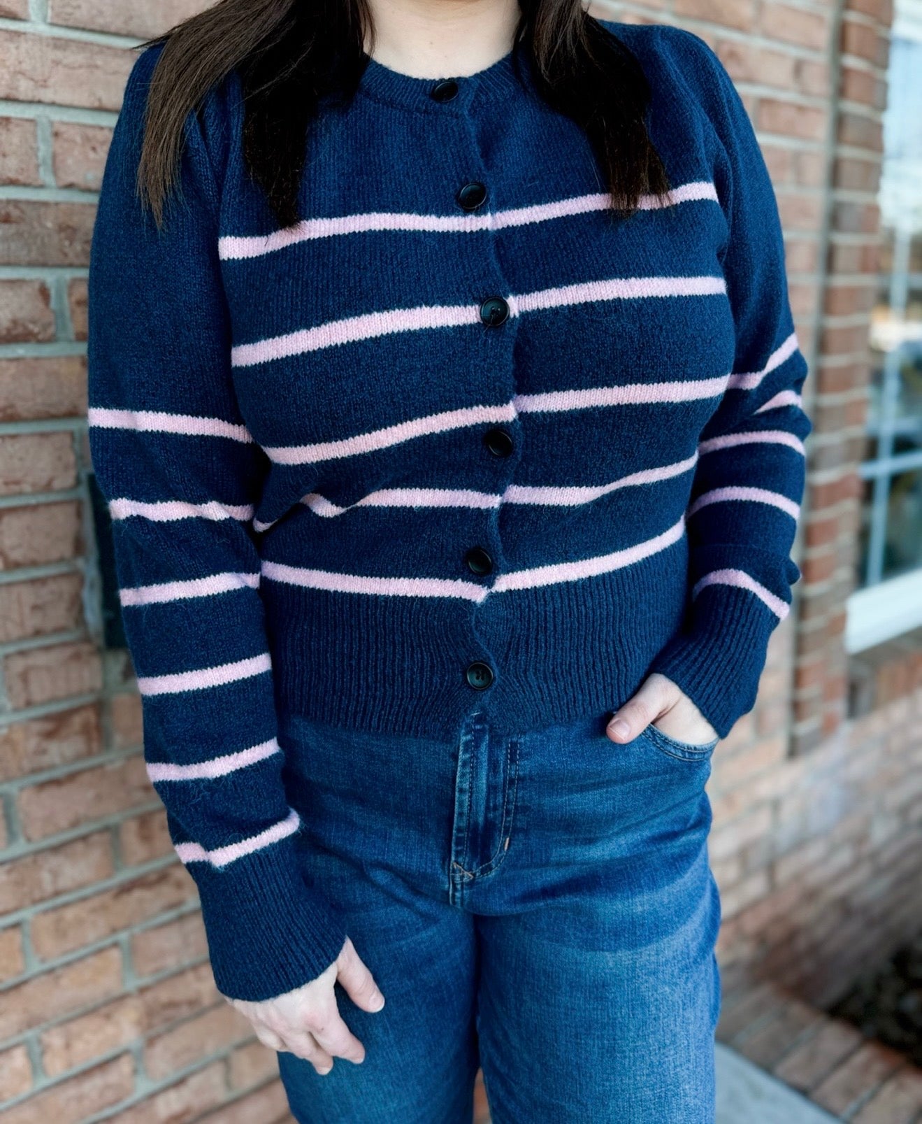 Navy & Pink Striped Cardigan-140 Sweaters, Cardigans & Sweatshirts-Simply Stylish Boutique-Simply Stylish Boutique | Women’s & Kid’s Fashion | Paducah, KY