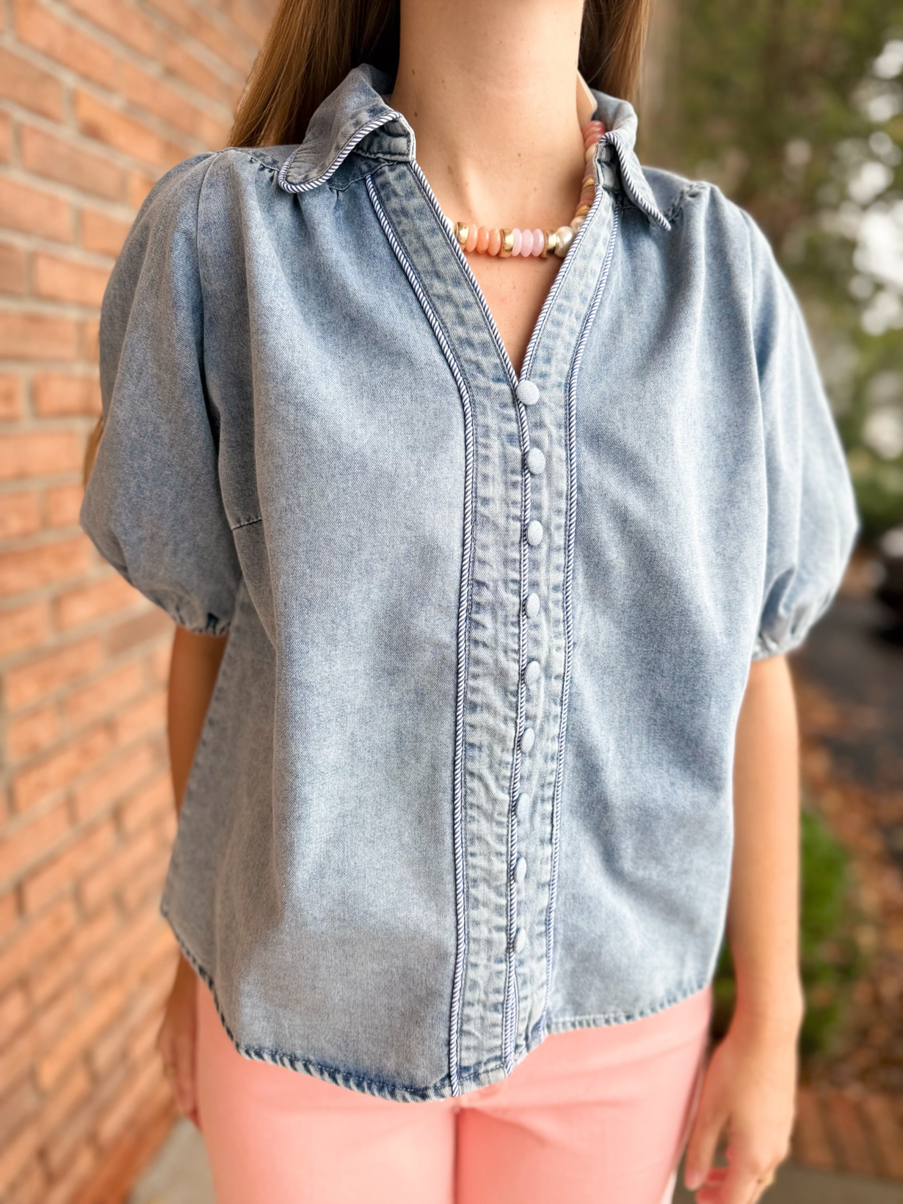 Everyday Denim Button-Up-130 Dressy Tops & Blouses-Simply Stylish boutique-Simply Stylish Boutique | Women’s & Kid’s Fashion | Paducah, KY