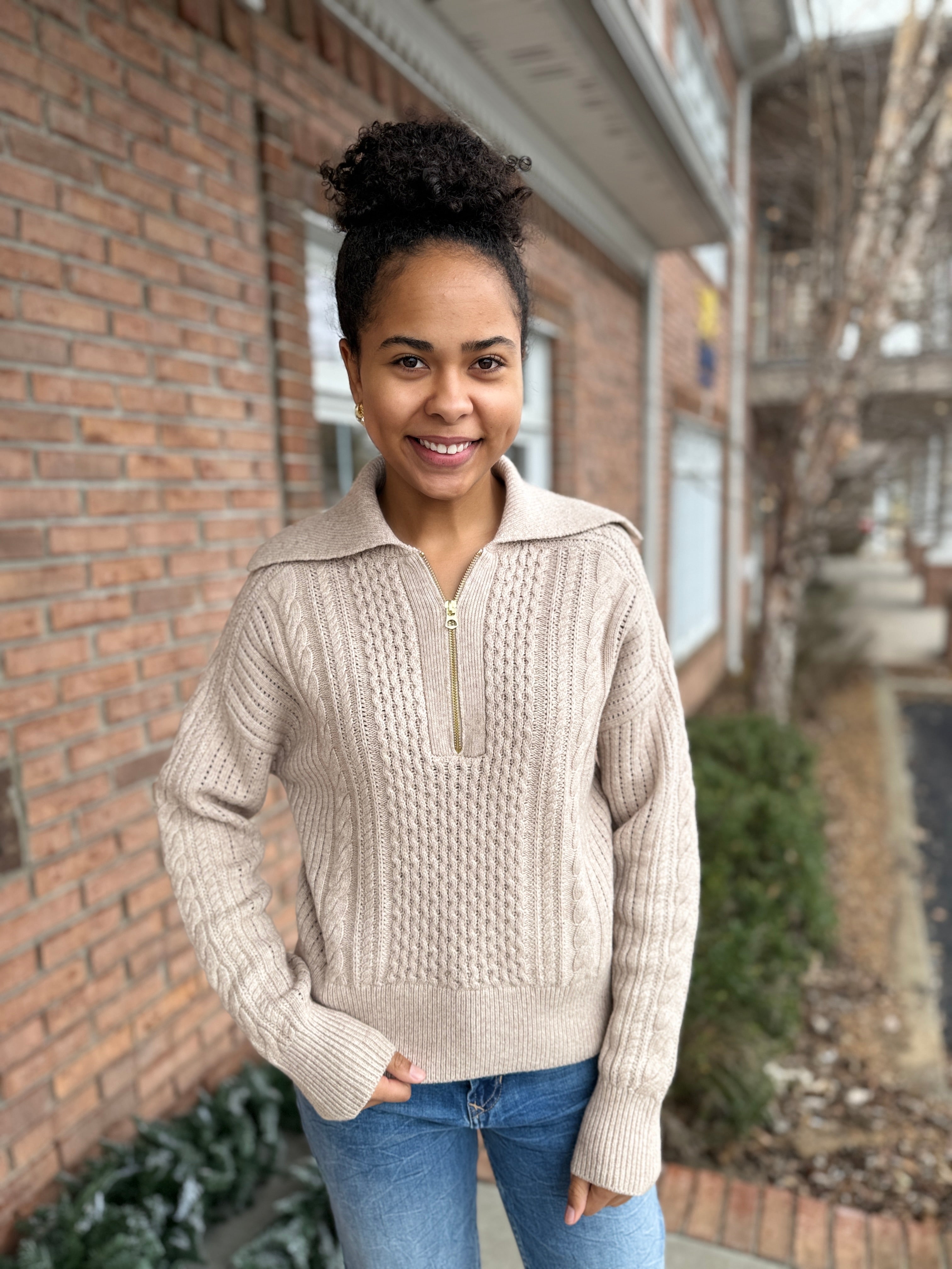 Camello Half Zip Cable Knit-140 Sweaters, Cardigans & Sweatshirts-Simply Stylish boutique-Simply Stylish Boutique | Women’s & Kid’s Fashion | Paducah, KY