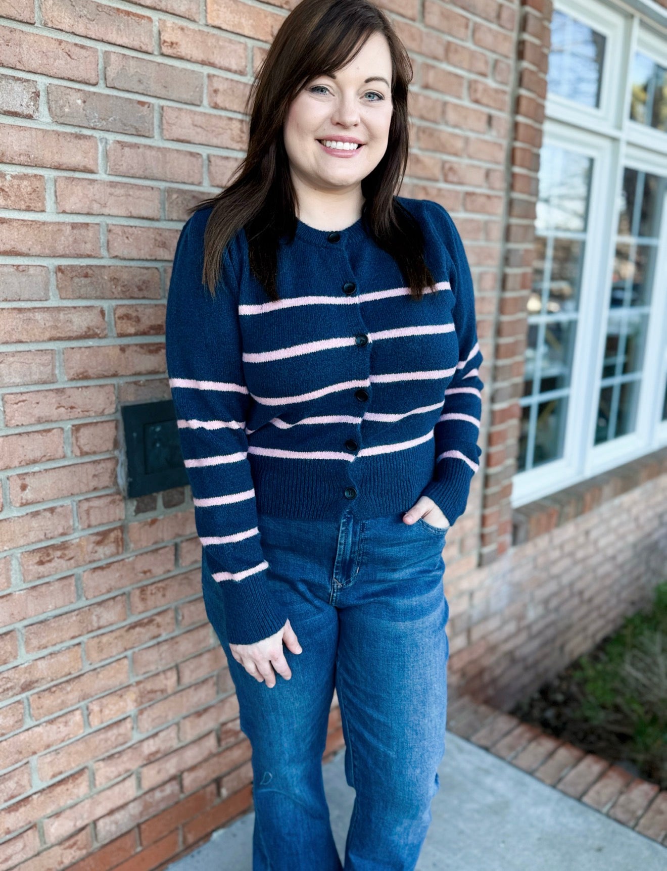 Navy & Pink Striped Cardigan-140 Sweaters, Cardigans & Sweatshirts-Simply Stylish Boutique-Simply Stylish Boutique | Women’s & Kid’s Fashion | Paducah, KY