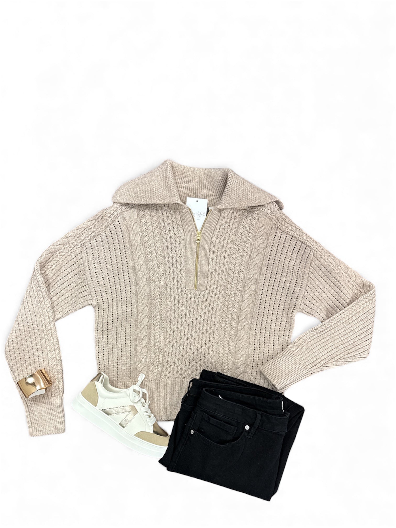 Camello Half Zip Cable Knit-140 Sweaters, Cardigans & Sweatshirts-Simply Stylish boutique-Simply Stylish Boutique | Women’s & Kid’s Fashion | Paducah, KY