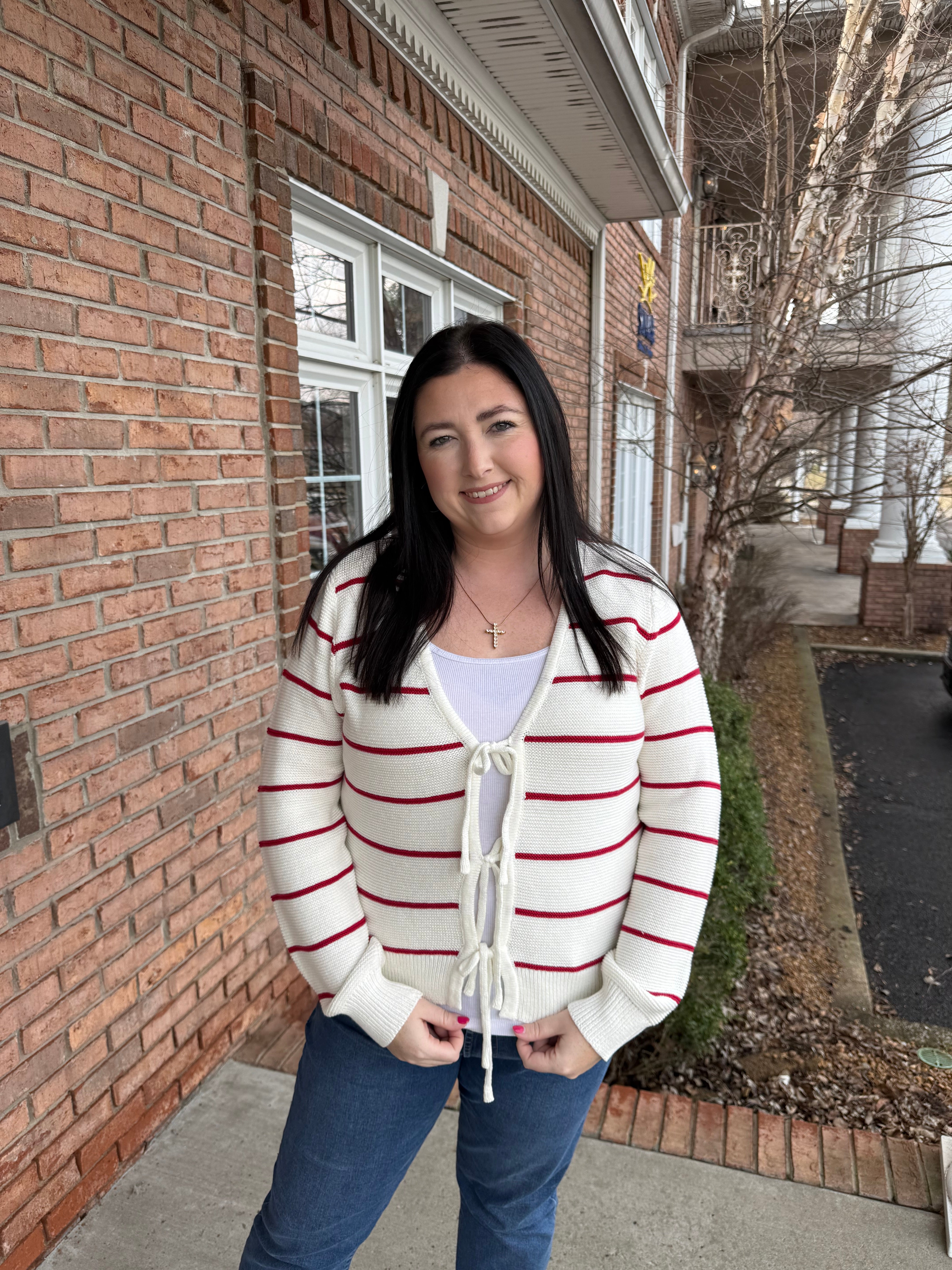 Bow Tie Front Striped Cardigan-140 Sweaters, Cardigans & Sweatshirts-Simply Stylish Boutique-Simply Stylish Boutique | Women’s & Kid’s Fashion | Paducah, KY