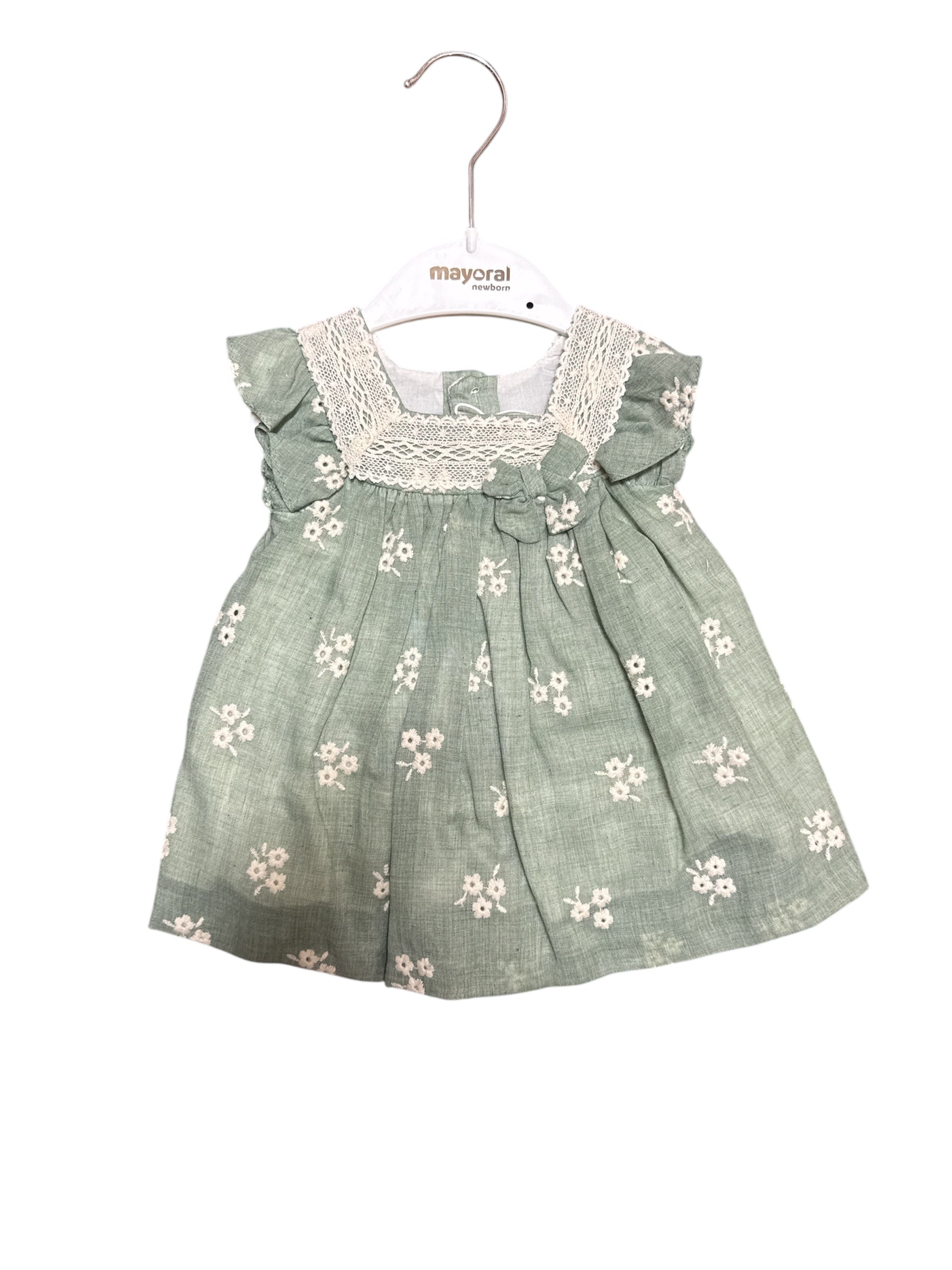 Green & Cream Flower Dress with Lace-520 Baby & Kids Gifts-mayoral-Simply Stylish Boutique | Women’s & Kid’s Fashion | Paducah, KY