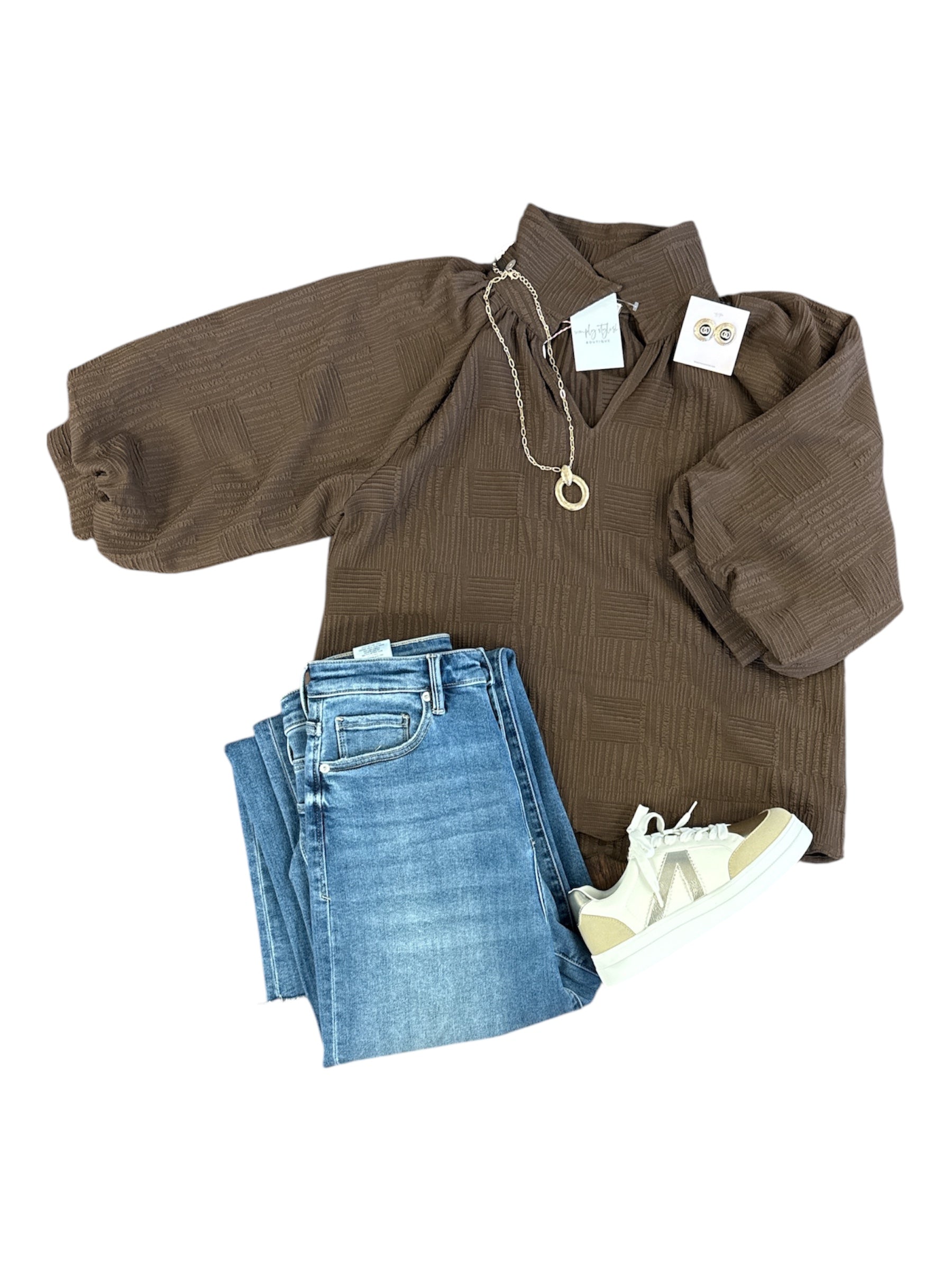 Toffee Trim Blouse-130 Dressy Tops & Blouses-Simply Stylish Boutique-Simply Stylish Boutique | Women’s & Kid’s Fashion | Paducah, KY