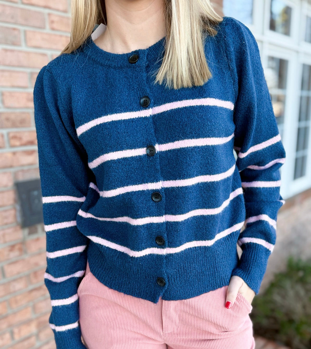 Navy & Pink Striped Cardigan-140 Sweaters, Cardigans & Sweatshirts-Simply Stylish Boutique-Simply Stylish Boutique | Women’s & Kid’s Fashion | Paducah, KY