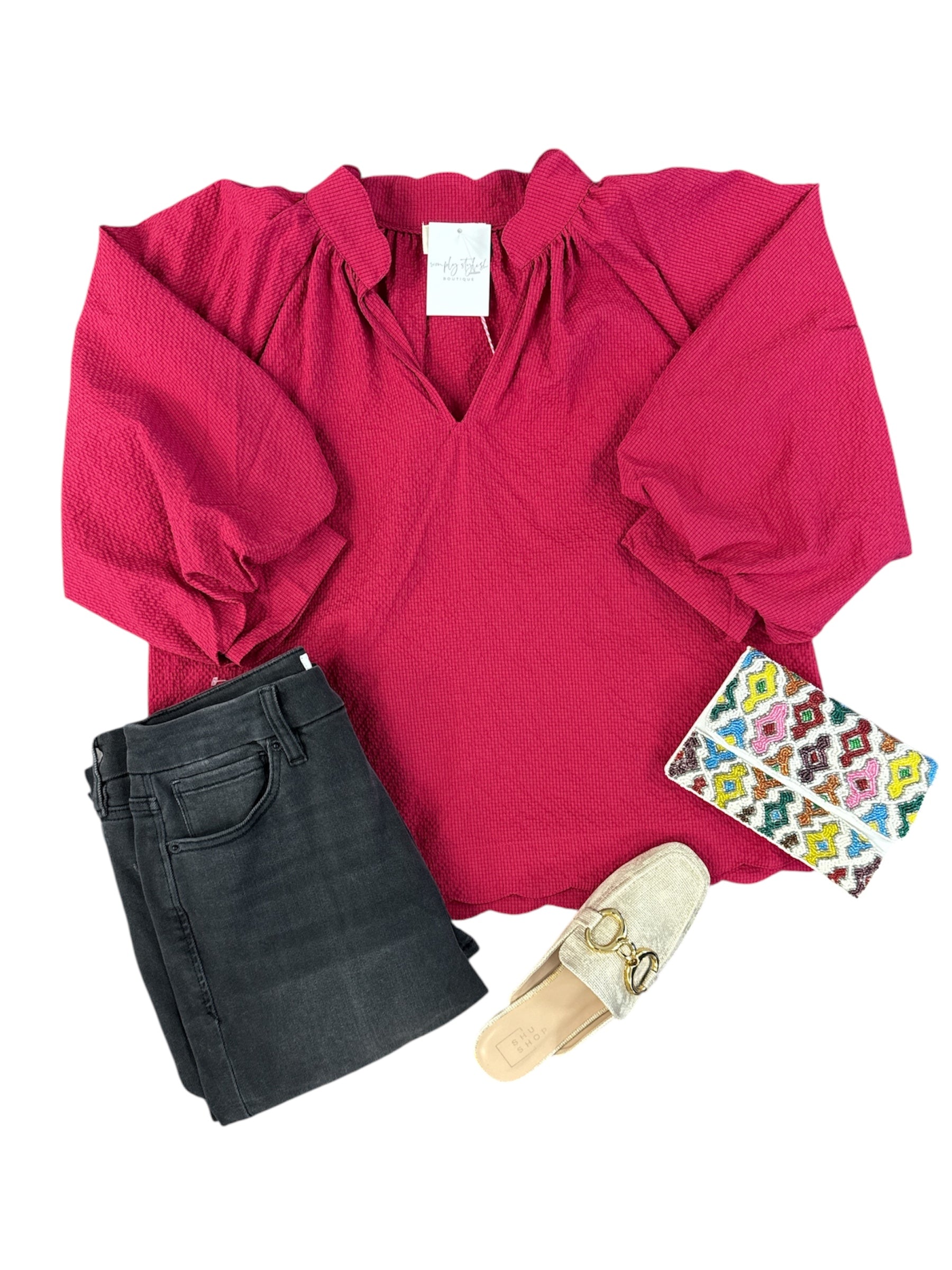 Scarlet Scallop Top-130 Dressy Tops & Blouses-Simply Stylish boutique-Simply Stylish Boutique | Women’s & Kid’s Fashion | Paducah, KY